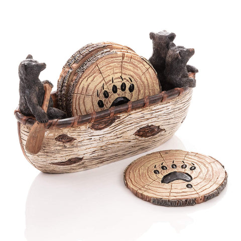 Cabin Obsession rustic lodge coaster display on coffee table