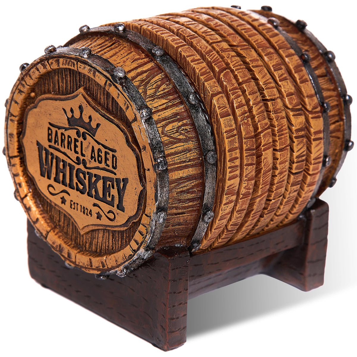 Cabin Obsession whiskey barrel coaster set adds rustic charm and protects tabletops.