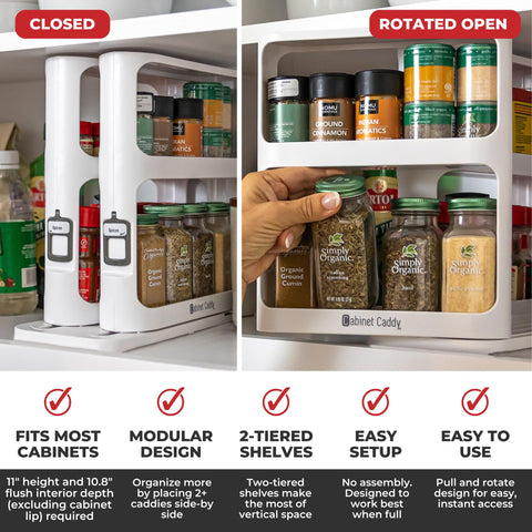 Cabinet Caddy double-decker design maximizes cabinet space and easy item visibility.