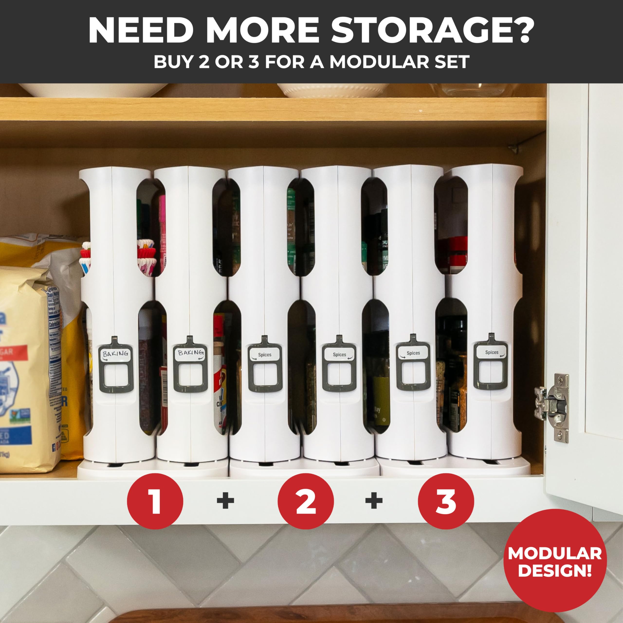Cabinet Caddy in-cabinet organization creates a streamlined kitchen workflow.