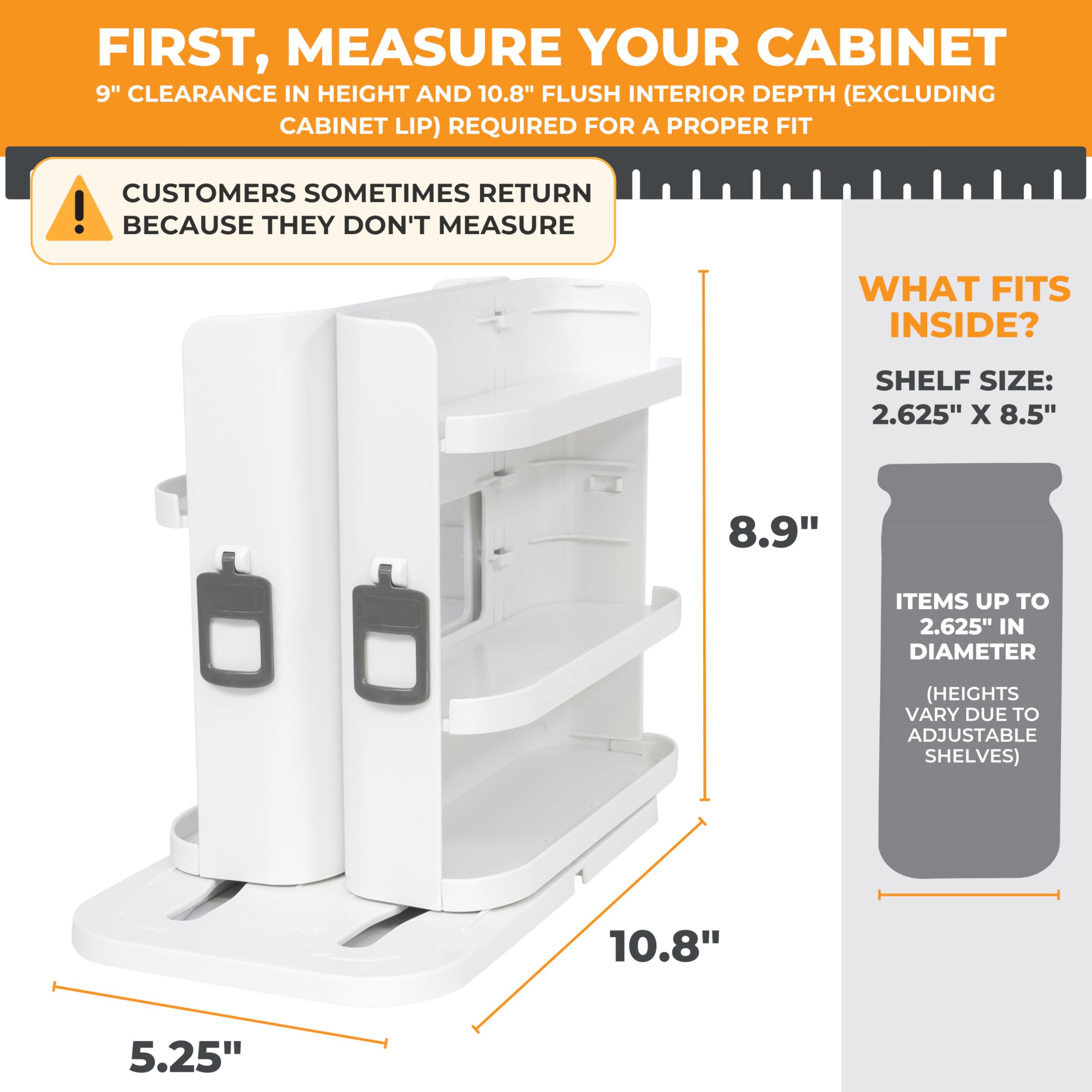 Cabinet Caddy SNAP! adjustable shelves for taller jars in tight spaces.