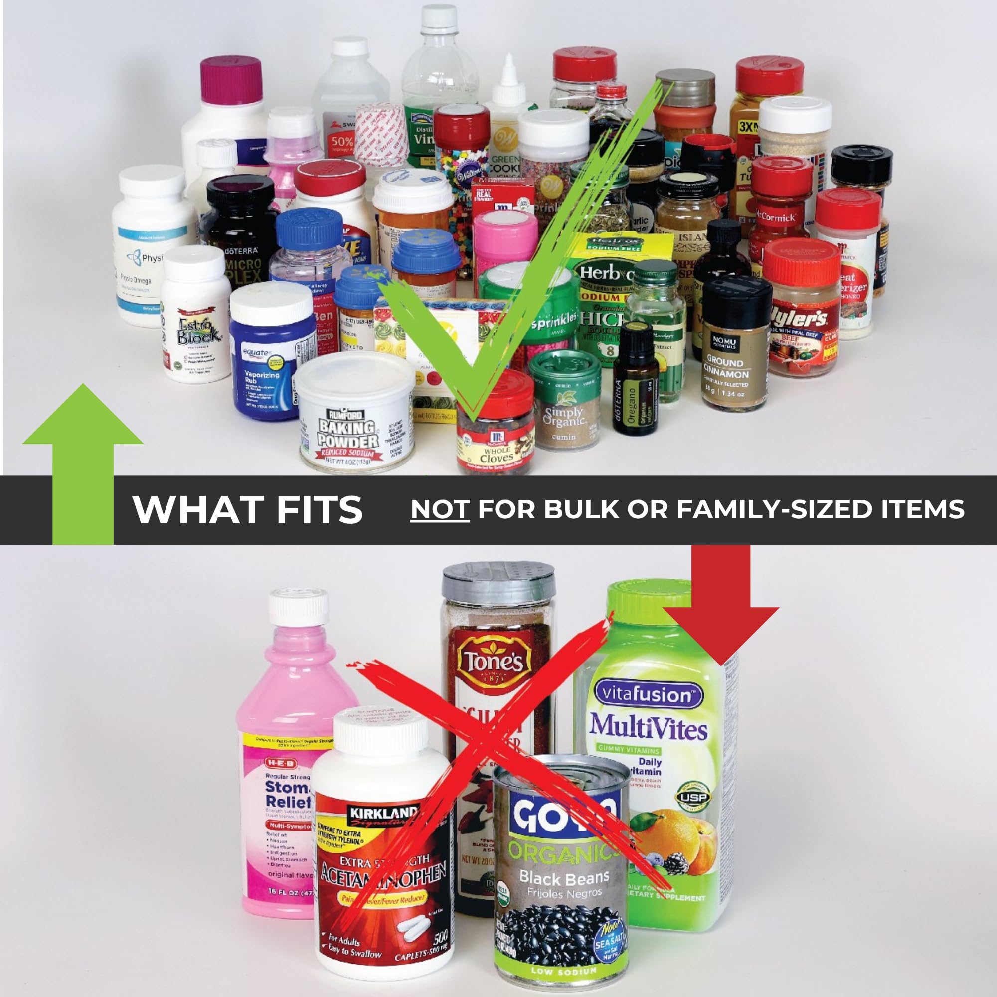 Cabinet Caddy SNAP! sticker labels help categorize spices at a glance.