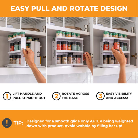 Cabinet Caddy SNAP! pull-and-rotate access for quick spice reach.