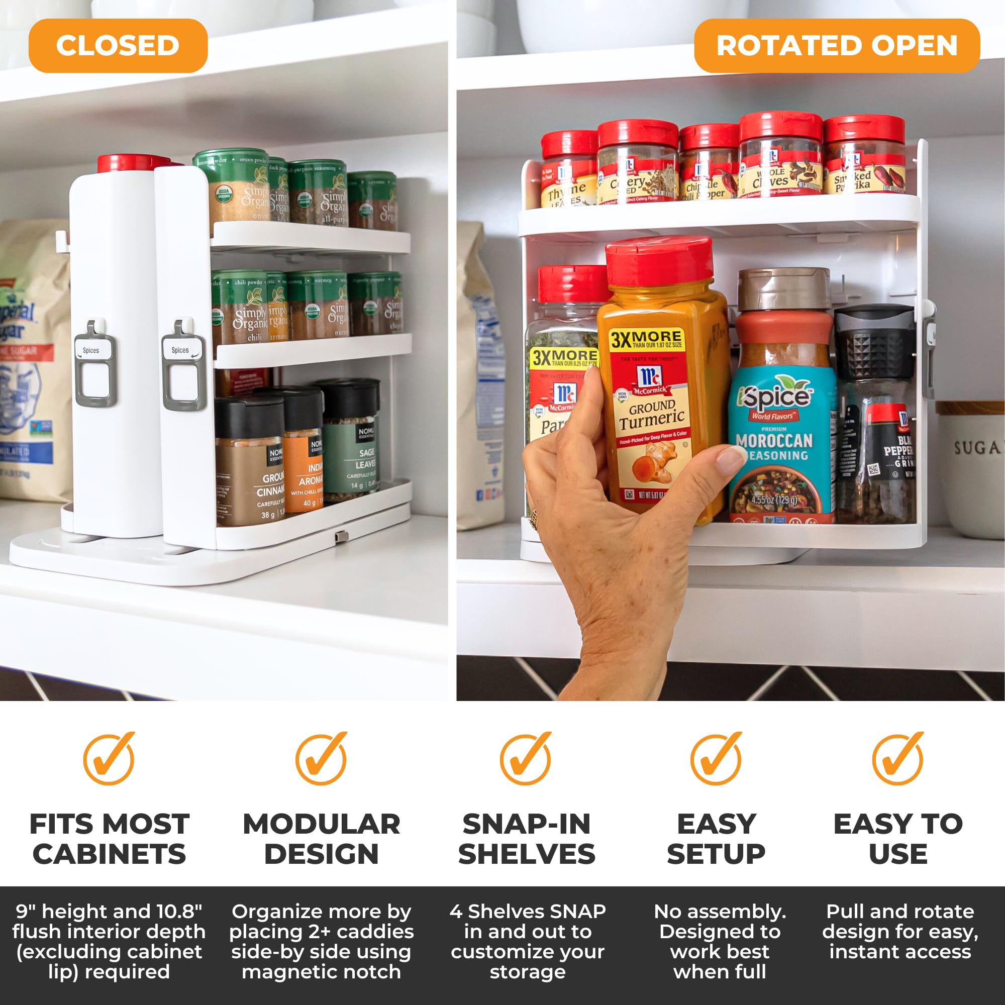 Cabinet Caddy SNAP! fits small spaces with adjustable height for tall items.