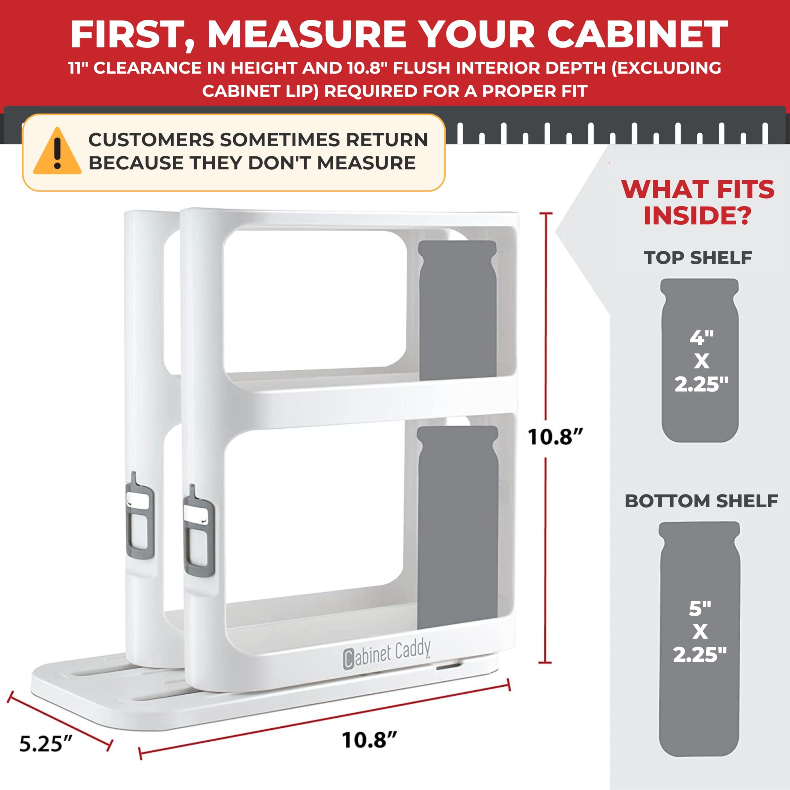 Cabinet Caddy bottom-shelf view shows taller bottles neatly organized and reachable.