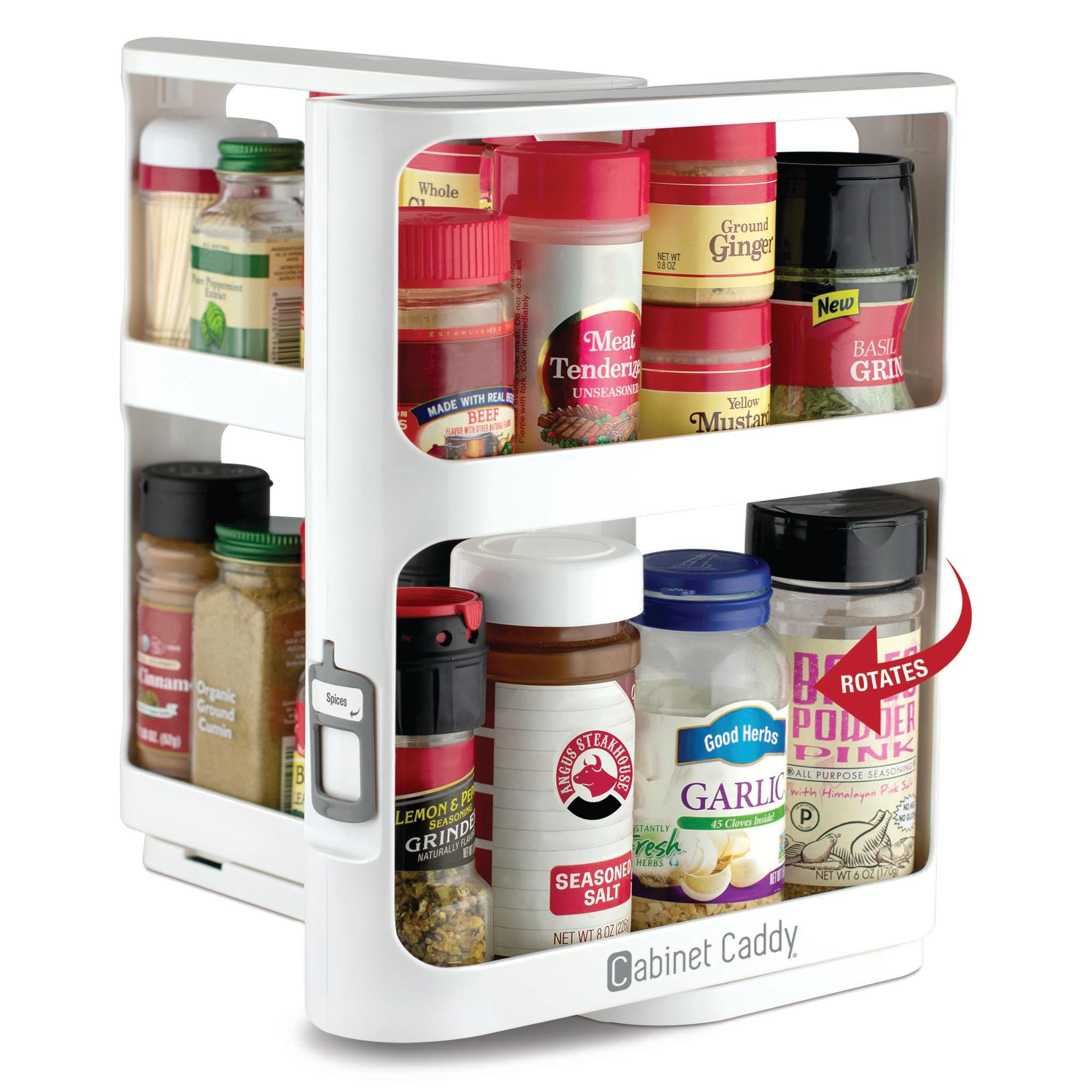 Cabinet Caddy top-shelf view demonstrates compact spice access in a cabinet.