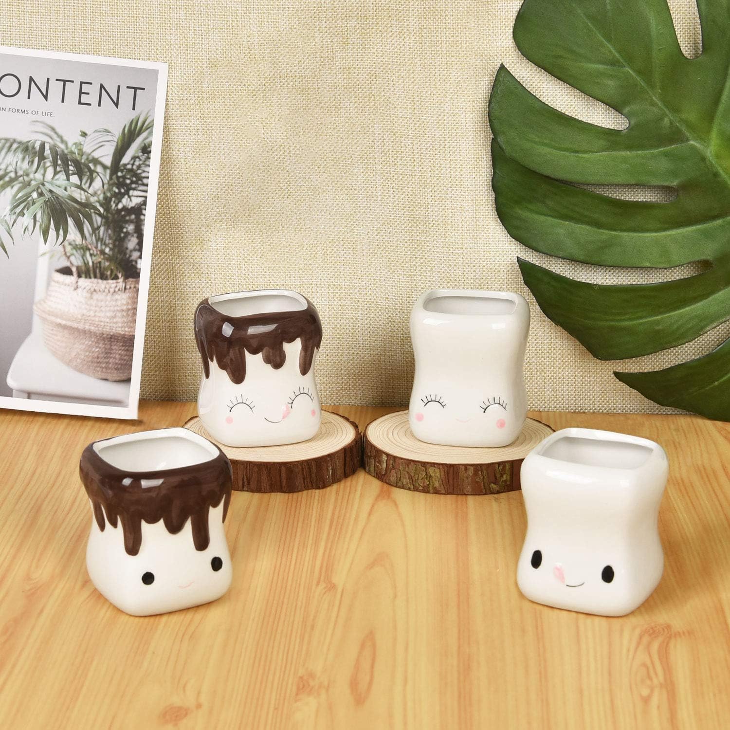 Cabtnca mini kawaii mugs decor add playful charm to kitchen shelves.