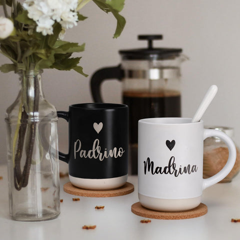 Cabtnca Padrinos mug lettering texture, raised text for a premium feel.