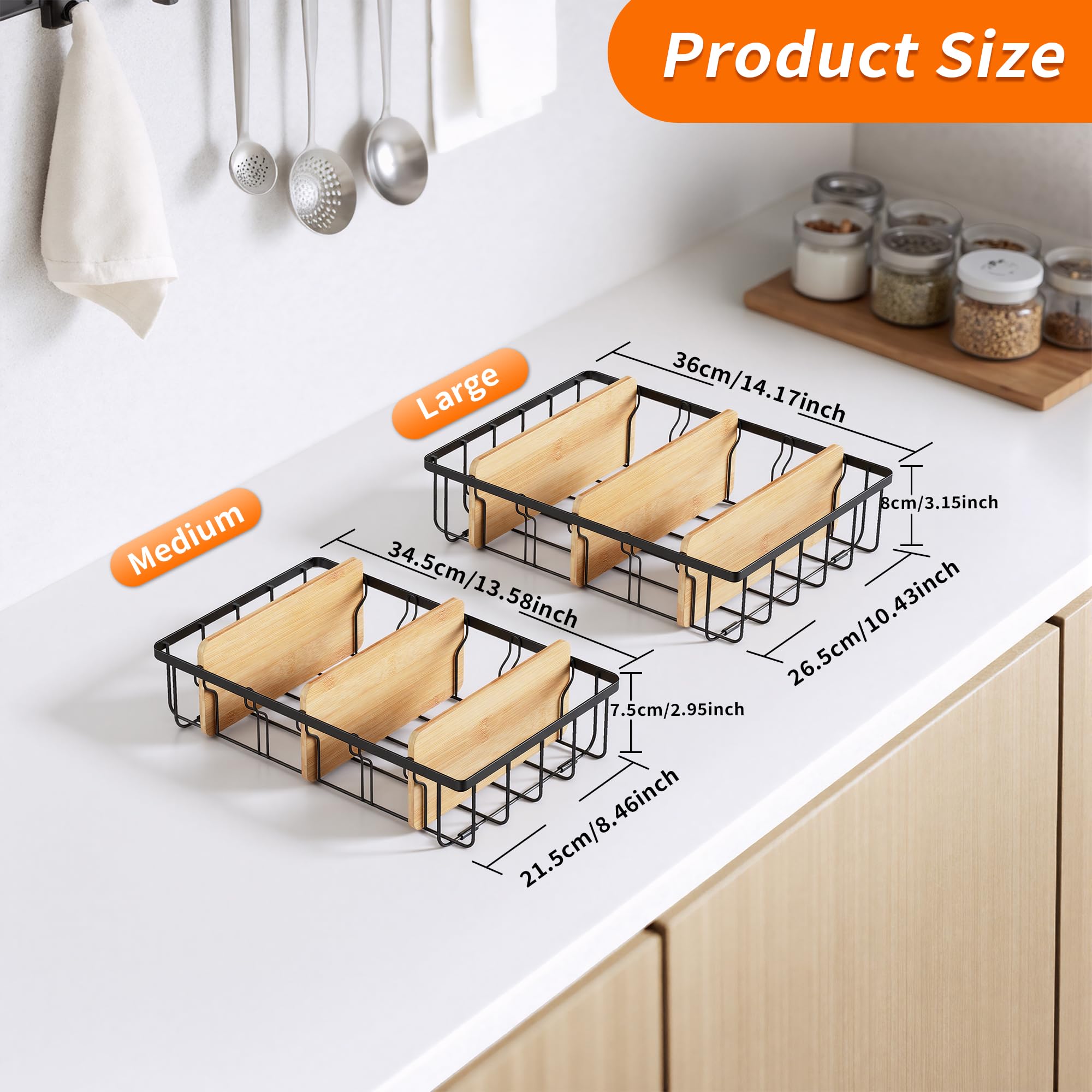 CACHOLIV lid organizer bamboo dividers help items stand upright and stay dry.