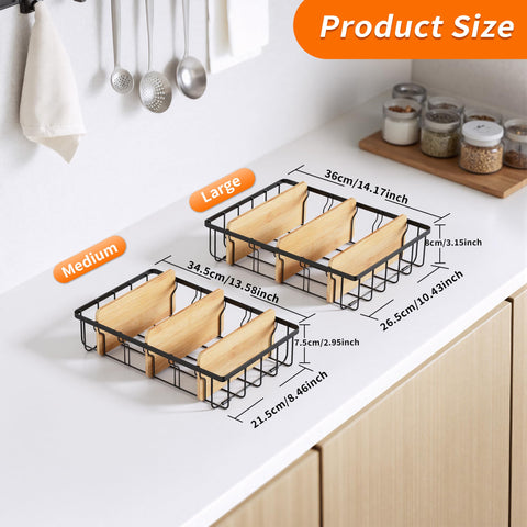 CACHOLIV lid organizer bamboo dividers help items stand upright and stay dry.