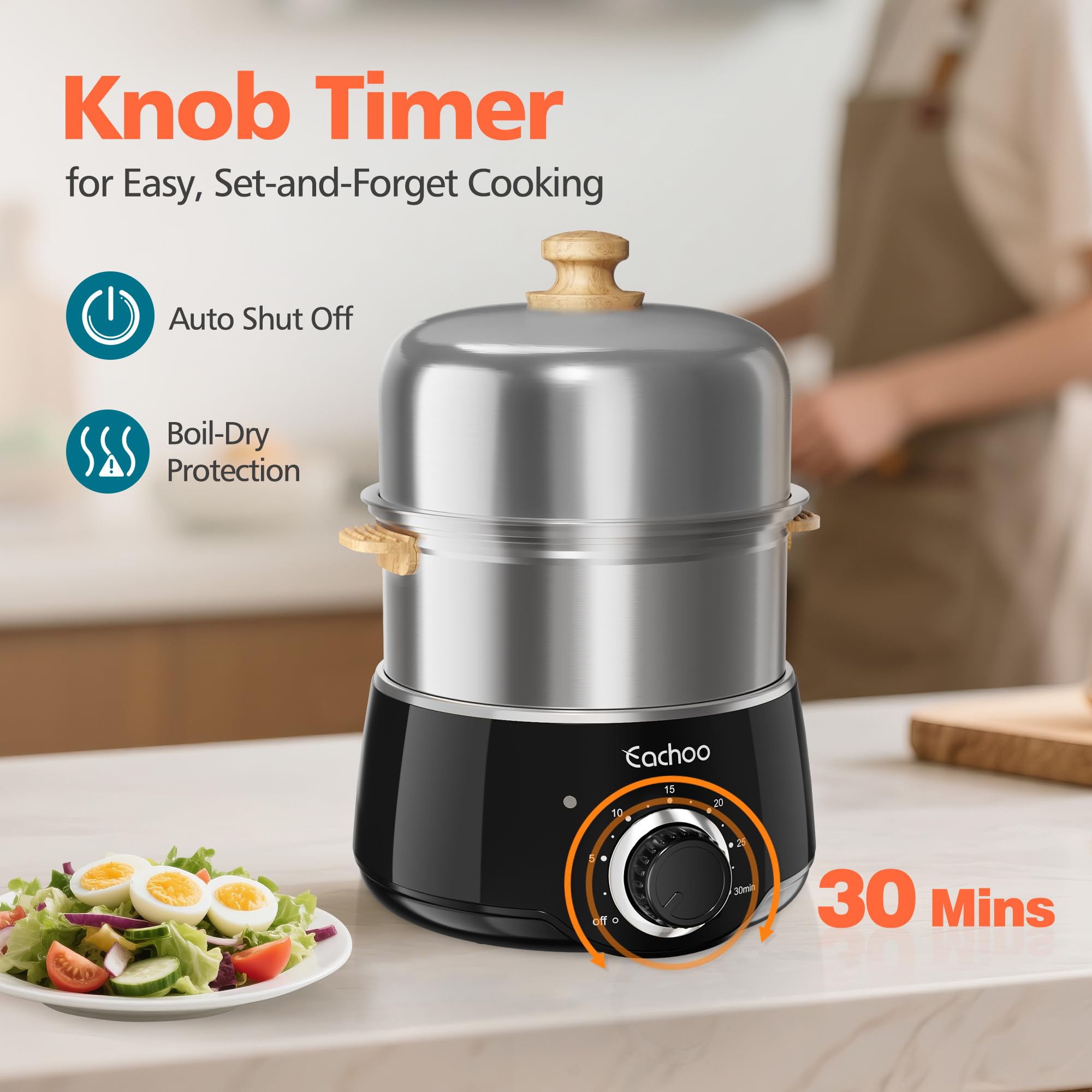 CACHOO 14-egg cooker timer and auto-shutoff feature in action