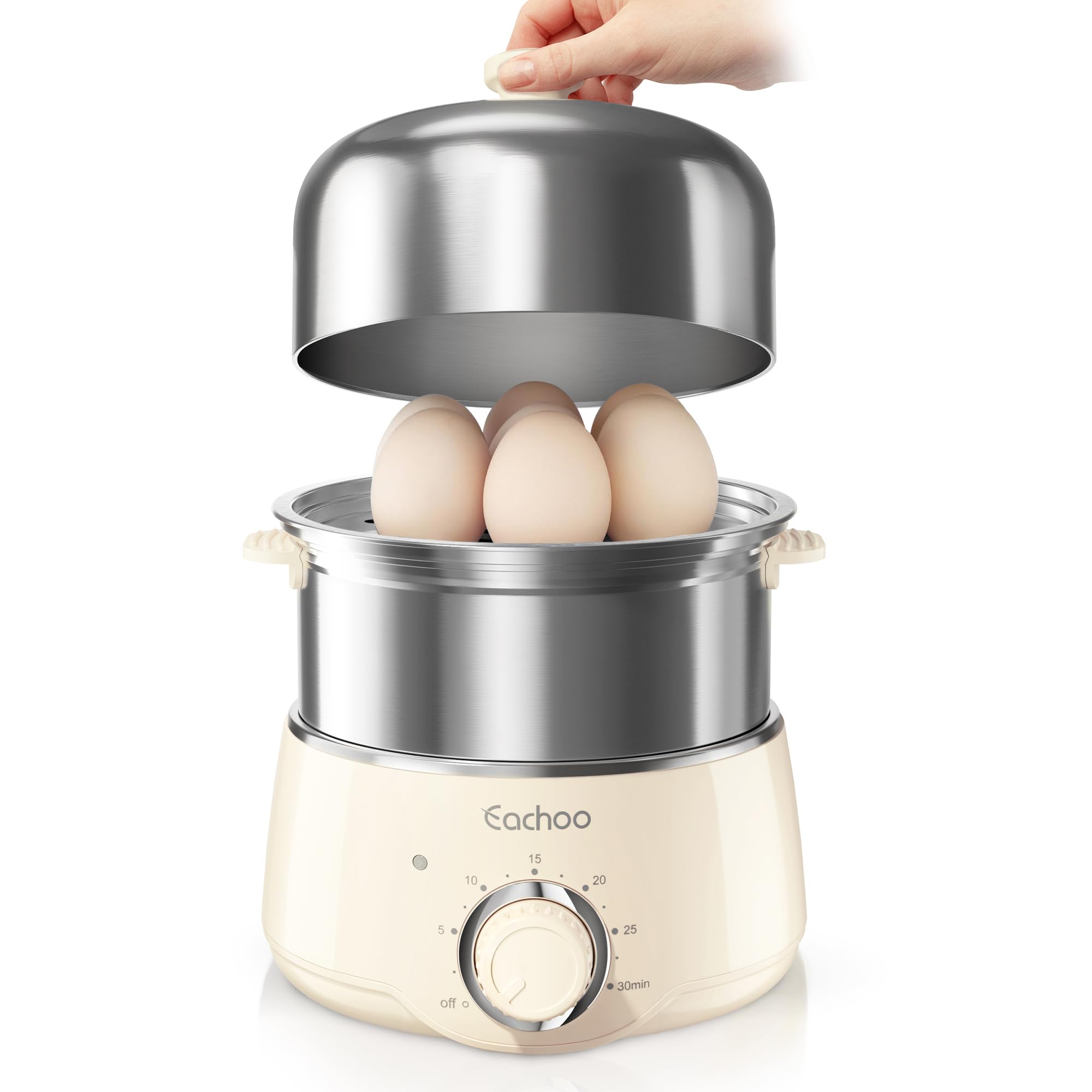 CACHOO egg cooker top view shows 14-egg capacity for batch breakfasts.