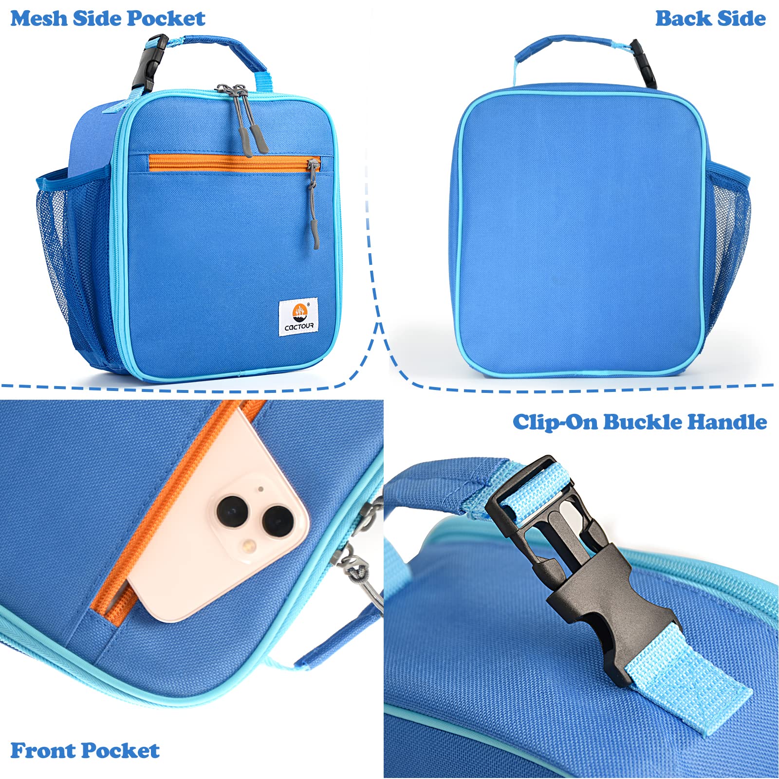 cactour blue lunch bag ready for school, picnic, and travel.
