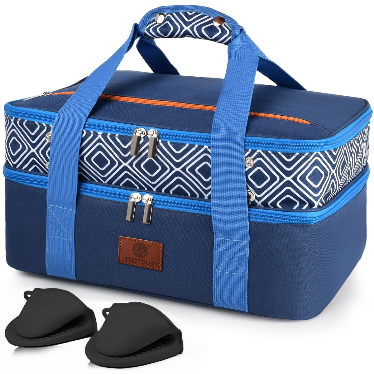 CaCTOUR blue casserole carrier exterior keeps meals secure during transport