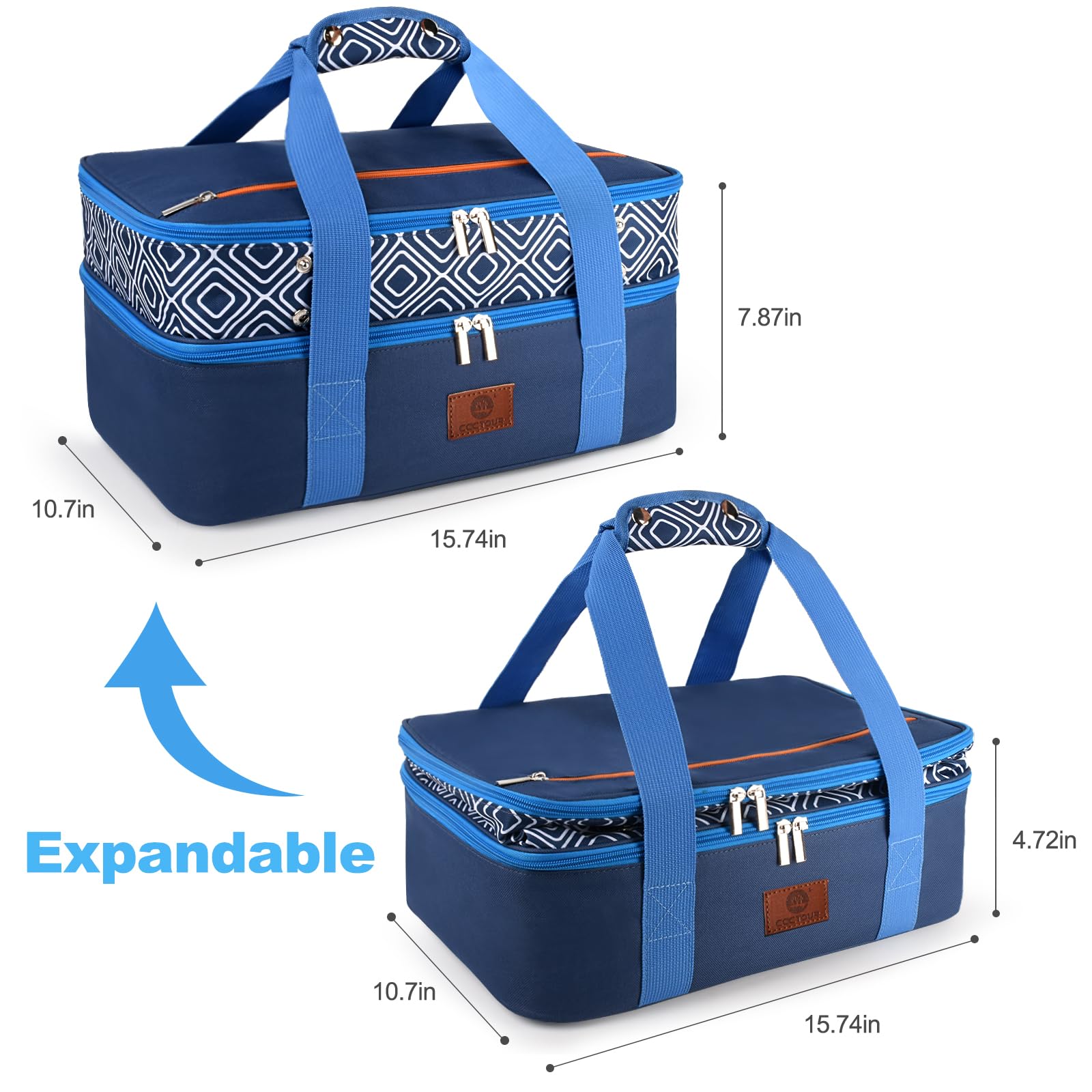 Expandable double deck design accommodates larger casseroles or multiple dishes