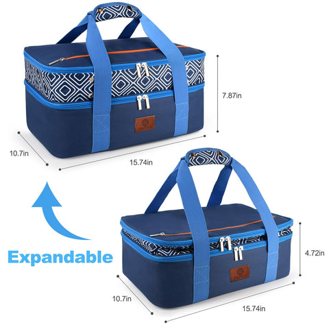 Expandable double deck design accommodates larger casseroles or multiple dishes