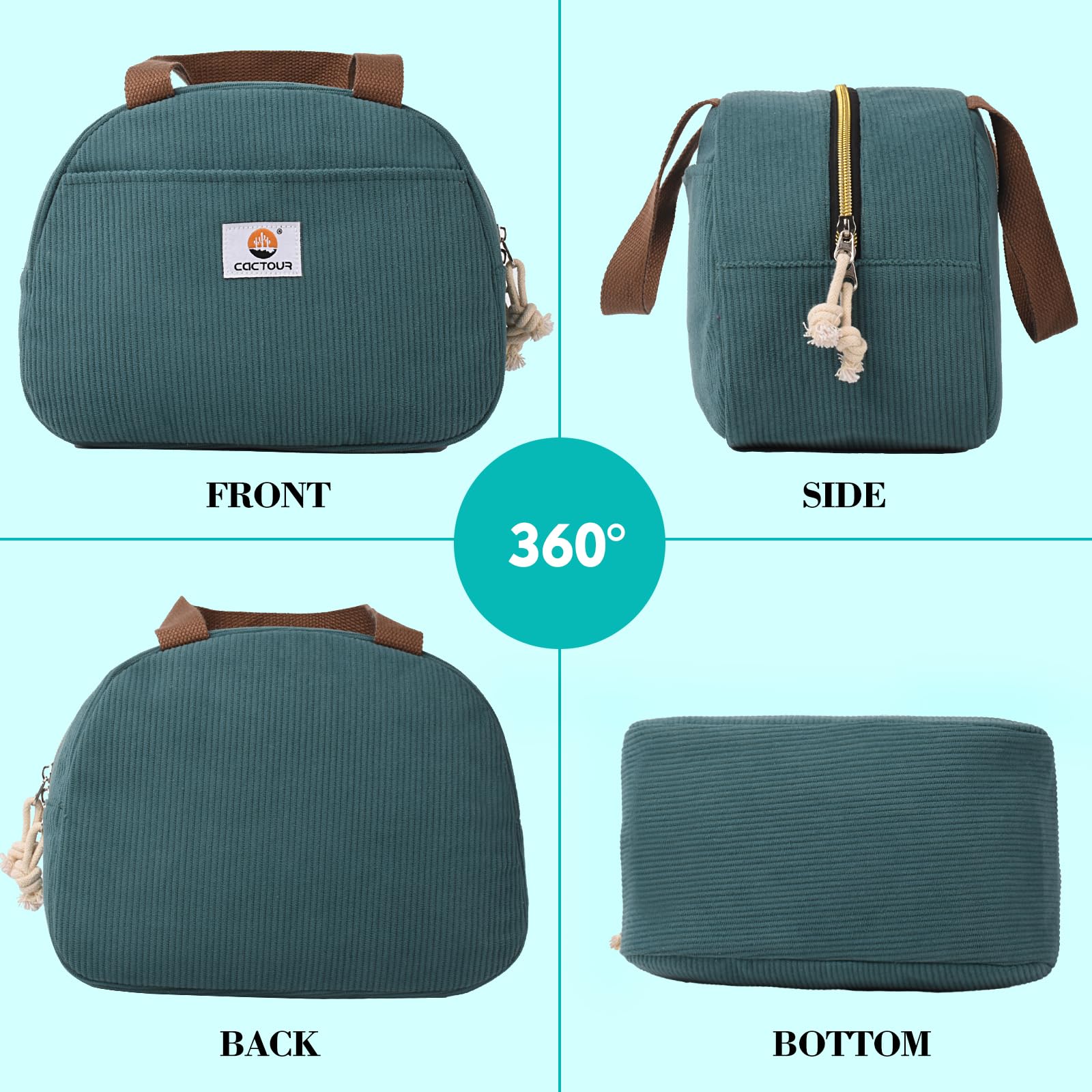 CaCTOUR Lake Green lunch bag shows dimensions 9.84 by 5.51 by 7.48 inches.