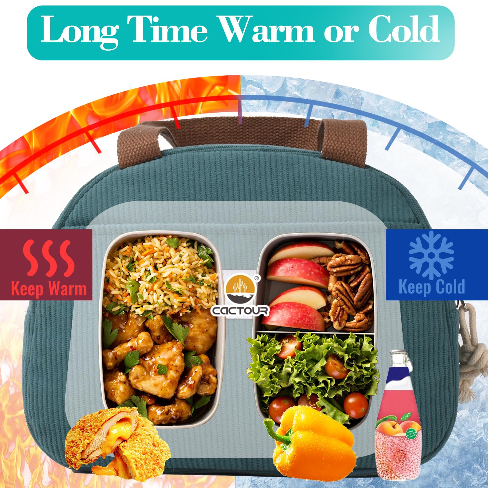 CaCTOUR Lake Green lunch box front pocket keeps small items organized.