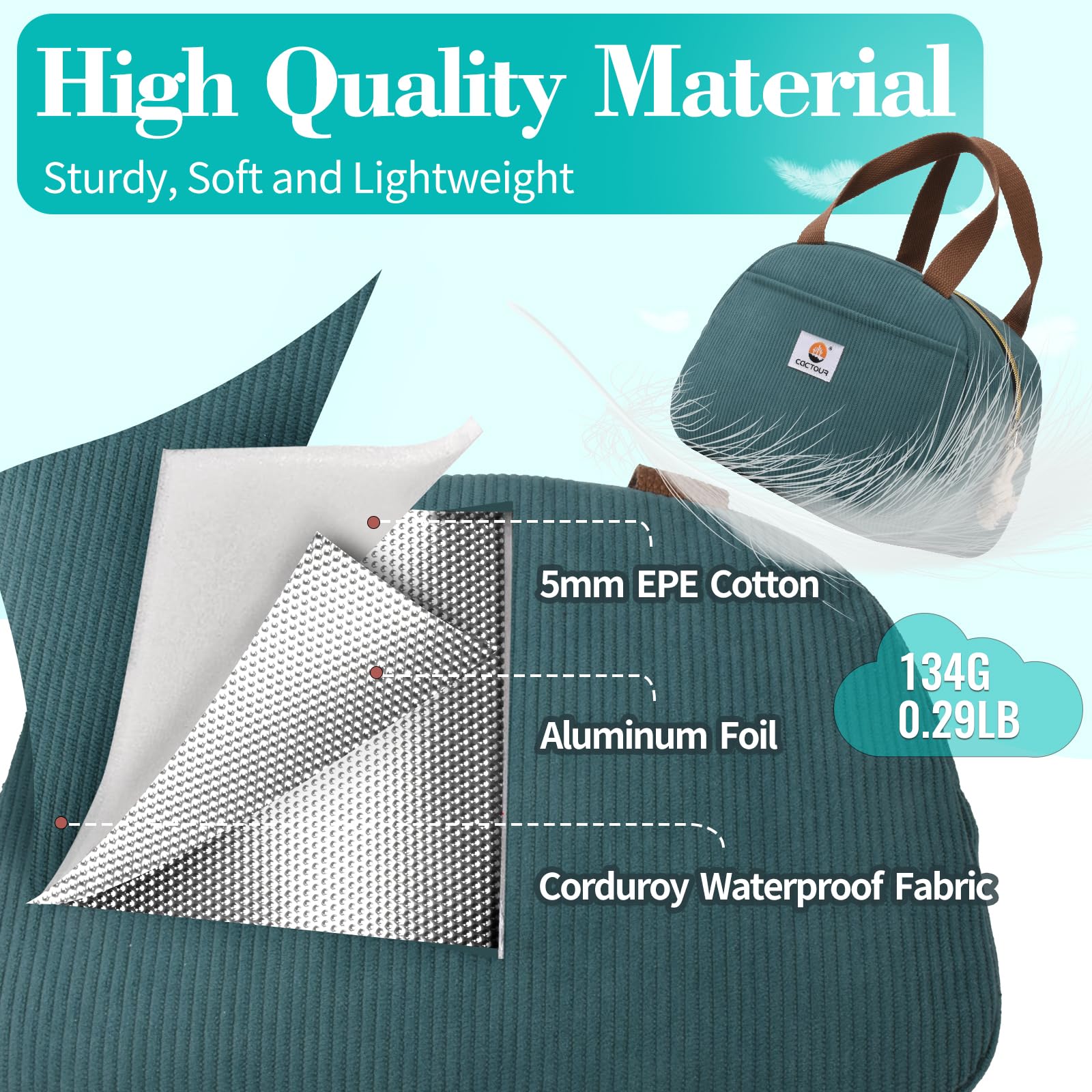 CaCTOUR Lake Green lunch box side view highlights padded carry handle for easy transport.