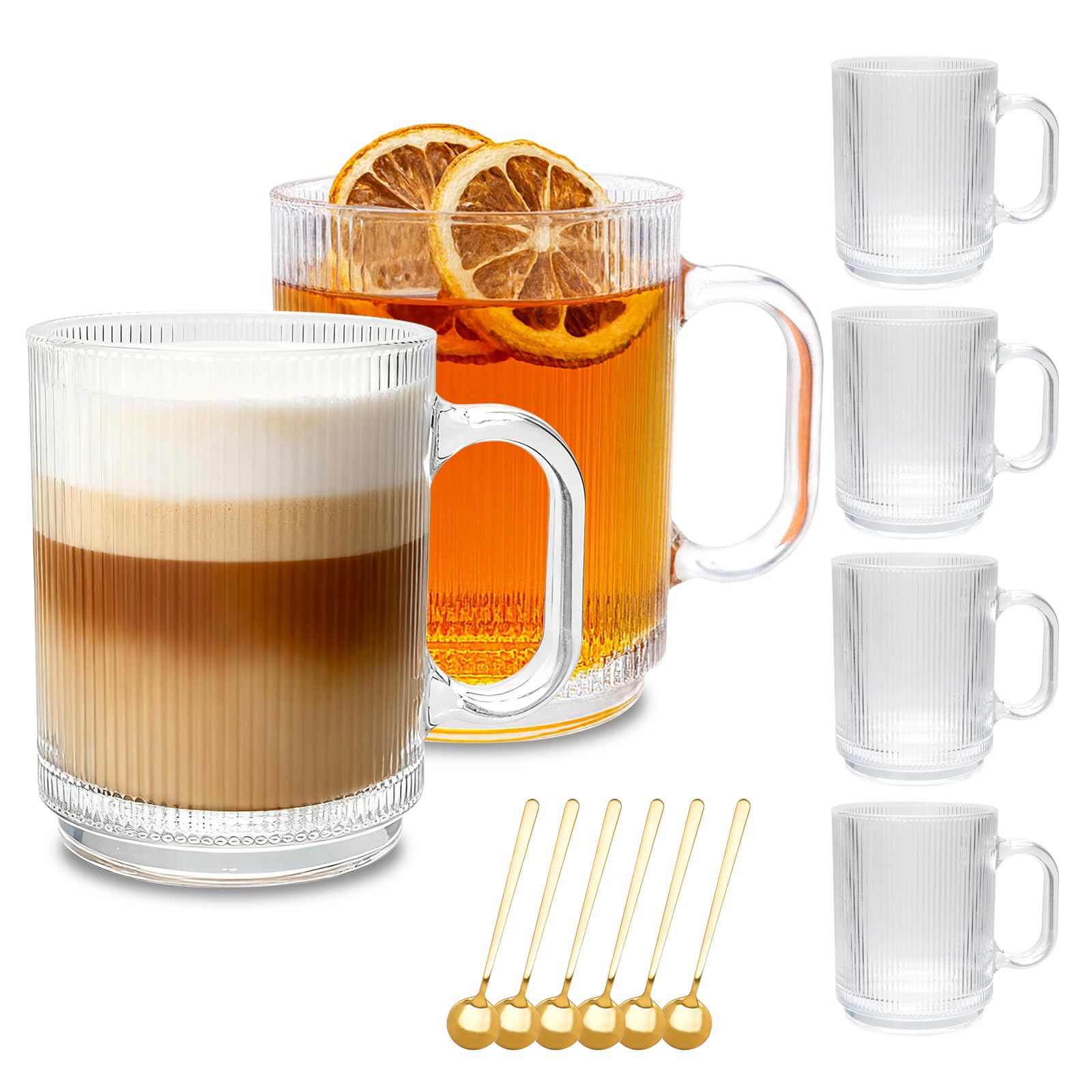 Cadamada 6-pack glass coffee cups with handle and spoon for everyday use.