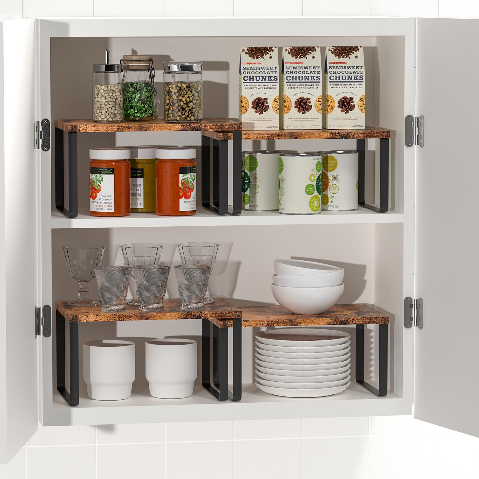 CADUKE kitchen and bathroom storage rack organizes plates, jars, and mugs.