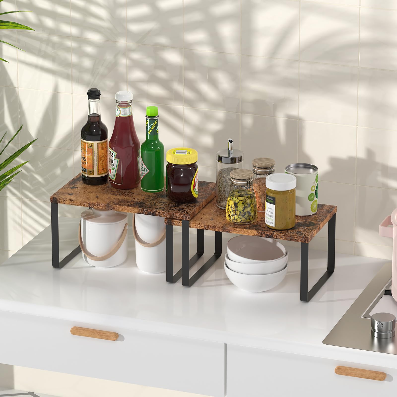 CADUKE two-tier counter shelf offers space-saving spice storage.