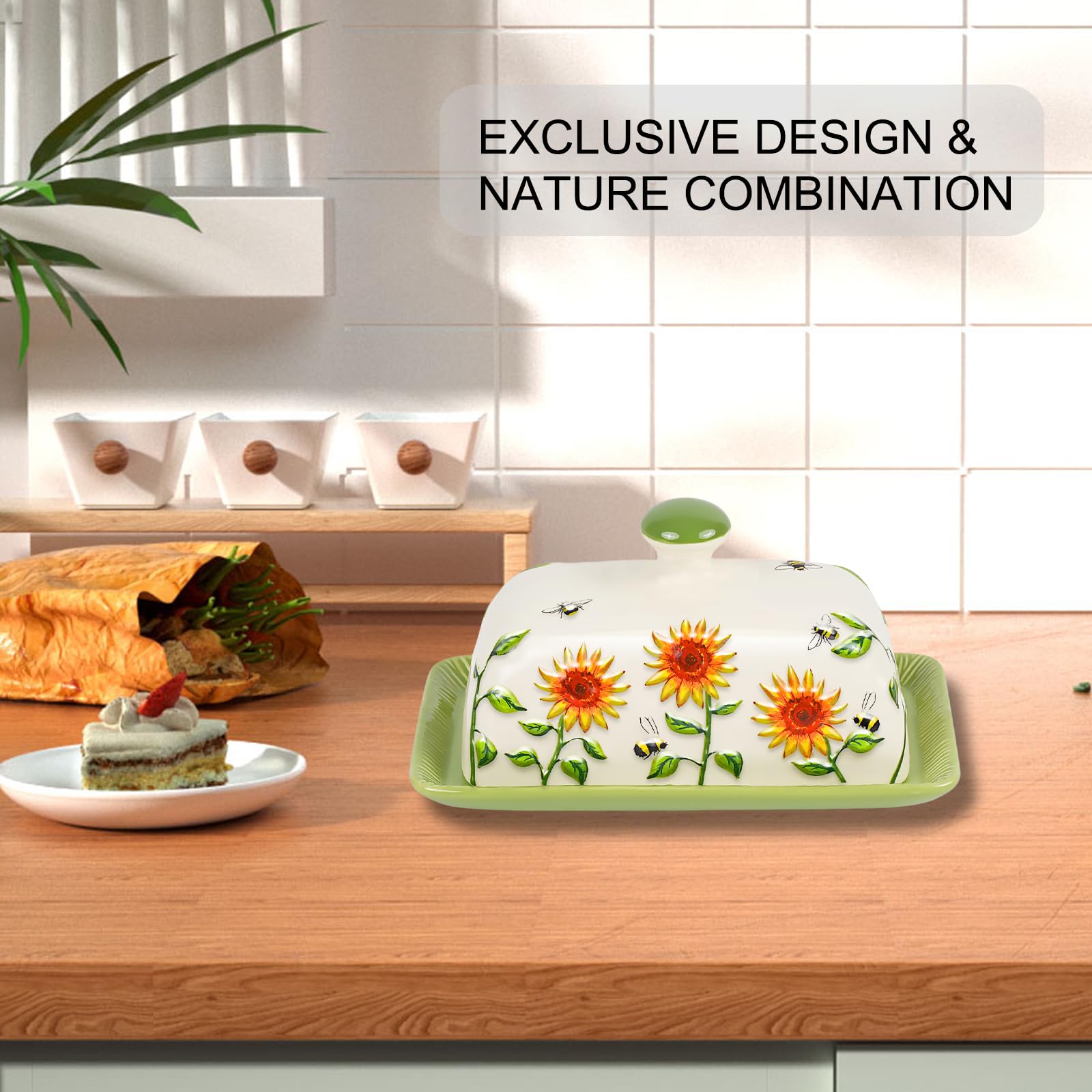CADVJXZ sunflower butter dish top-down view highlights sunflowers and bees decor.