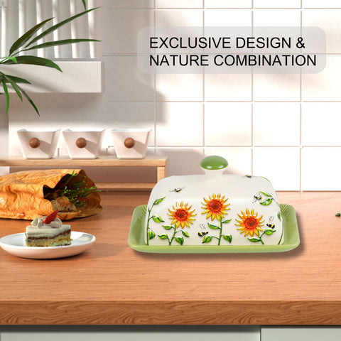 CADVJXZ sunflower butter dish top-down view highlights sunflowers and bees decor.