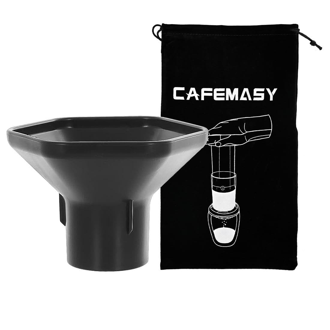 CAFEMASY coffee funnel guiding grounds into the Aeropress for a neat pour