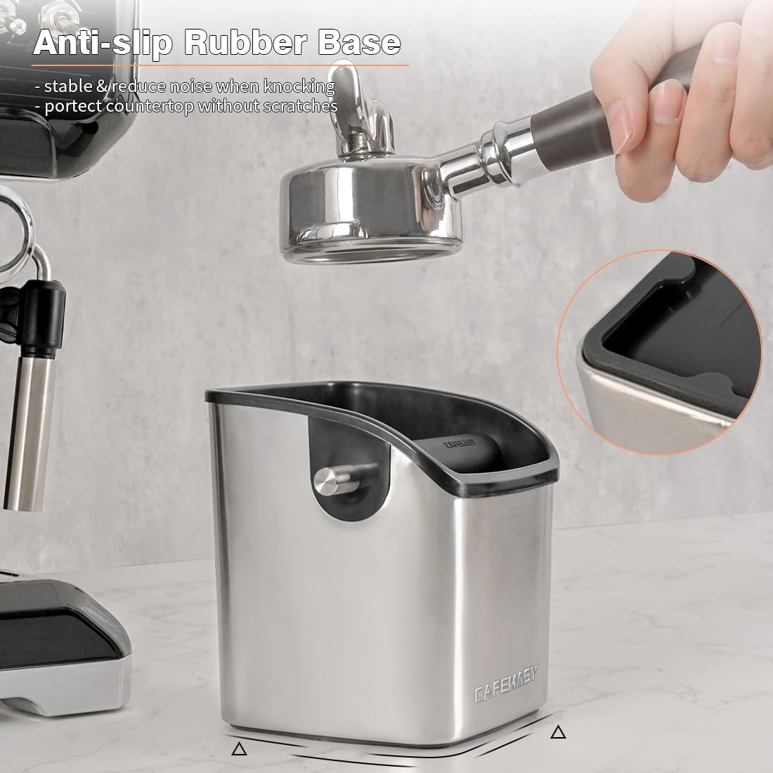 CAFEMASY compact knock box seen from the side for space saving.