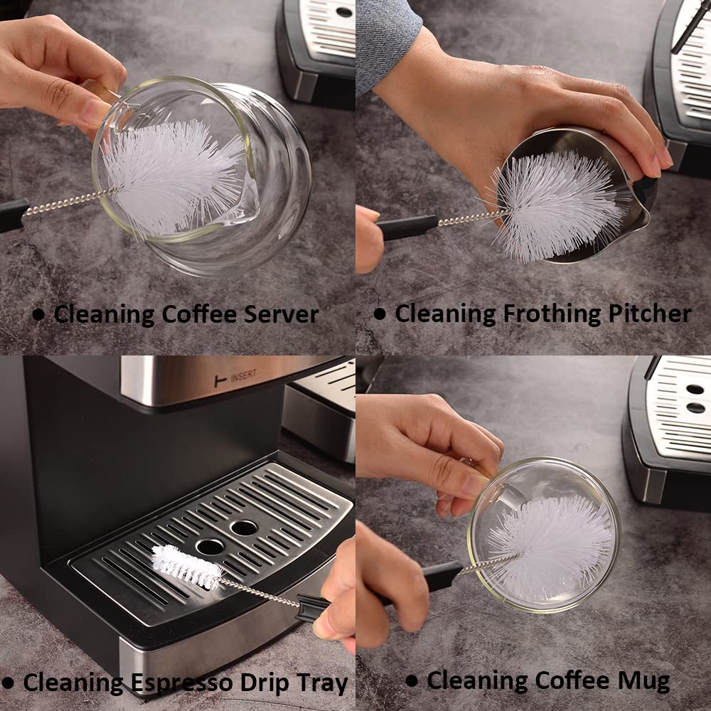 CAFEMASY Stiff nylon espresso brush cleans hard-to-reach areas.