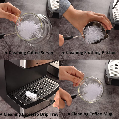 CAFEMASY Stiff nylon espresso brush cleans hard-to-reach areas.