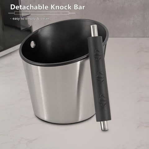CAFEMASY knock box with textured stainless steel and silicone sleeve reduces noise.
