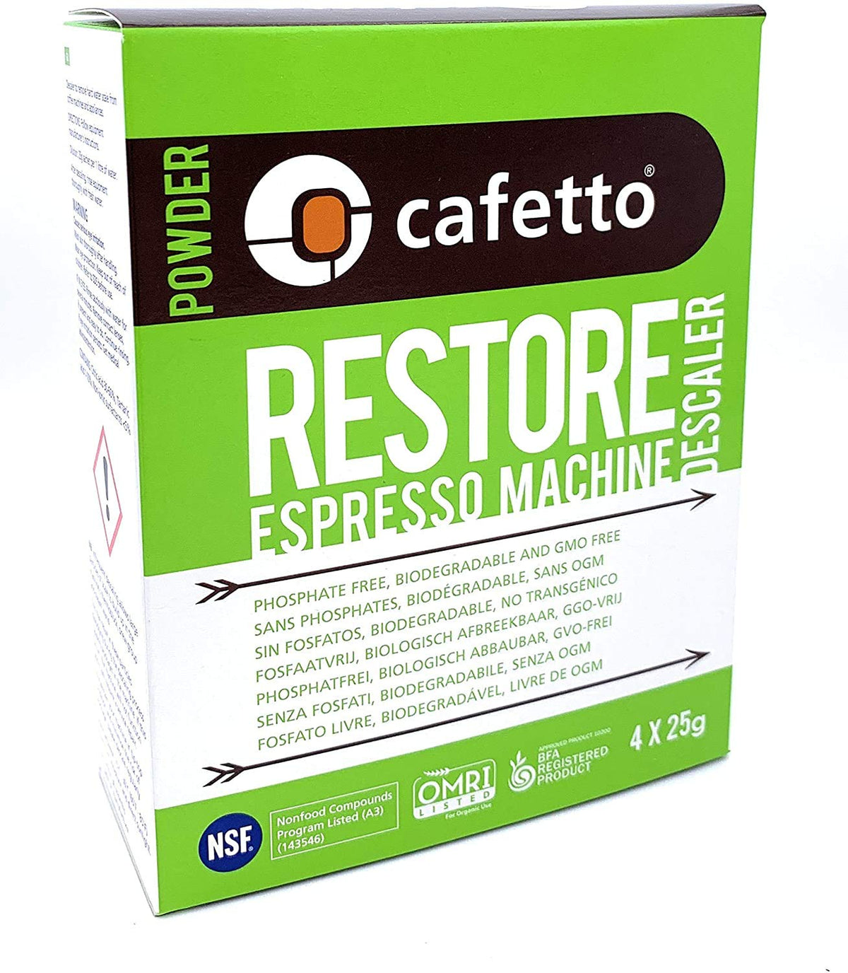 Cafetto Restore descaler packet for espresso machines removes scale for smoother brewing