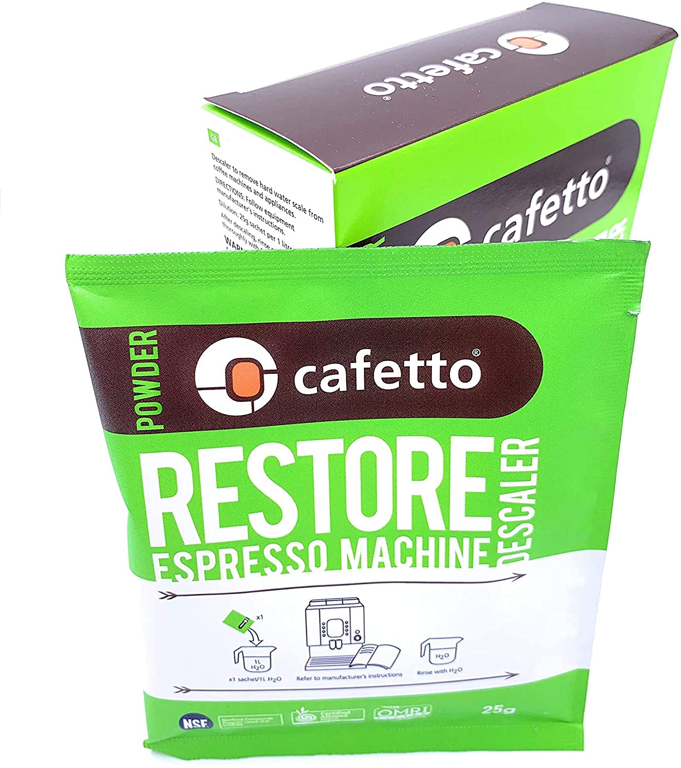Cafetto Restore descaler packet ensures safe maintenance on stainless steel components