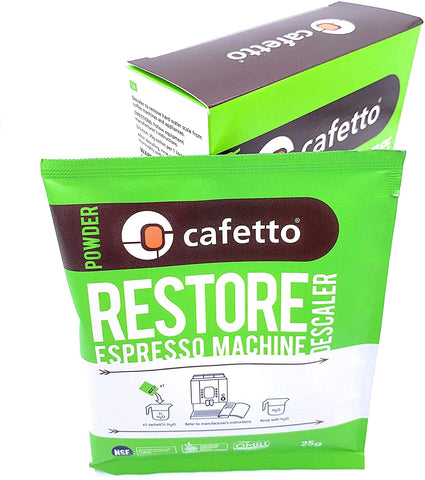 Cafetto Restore descaler packet ensures safe maintenance on stainless steel components