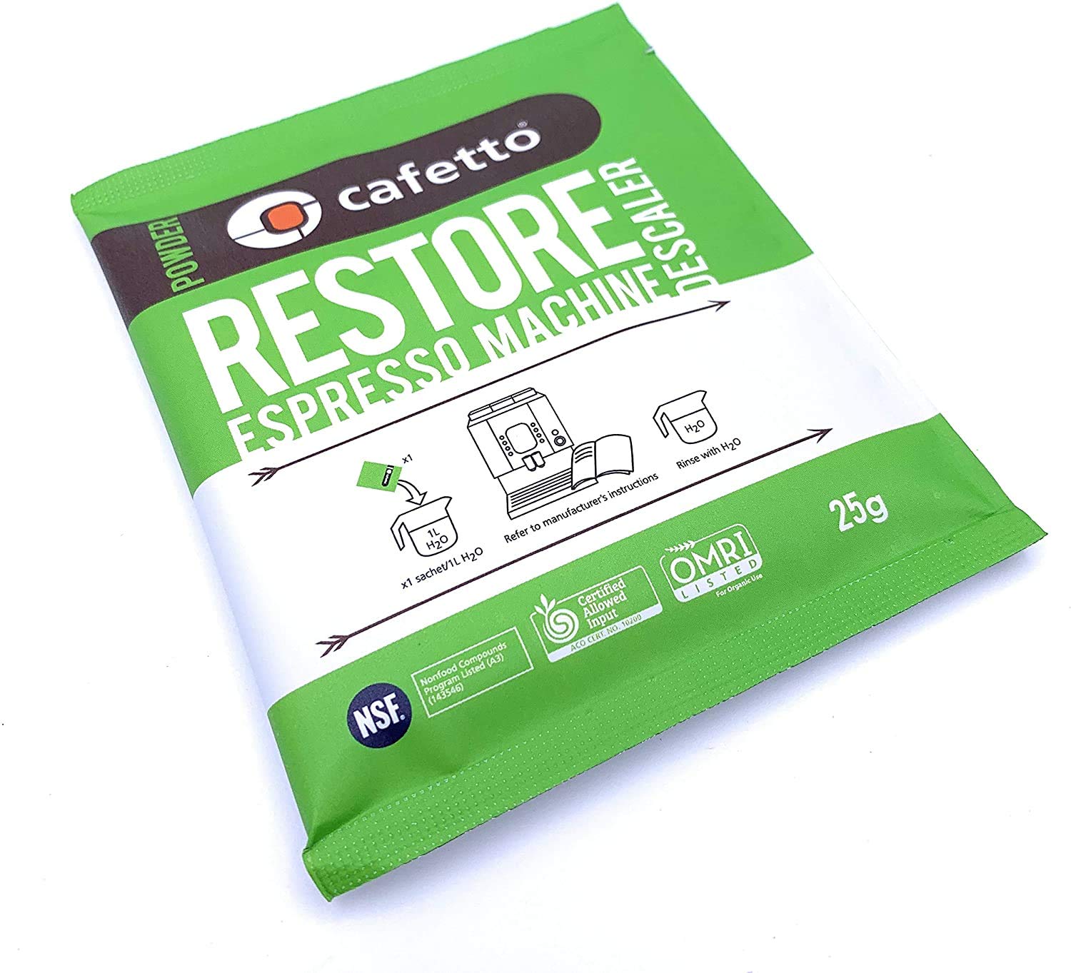 Cafetto Restore descaler packet provides NSF-certified cleaning with organic acids