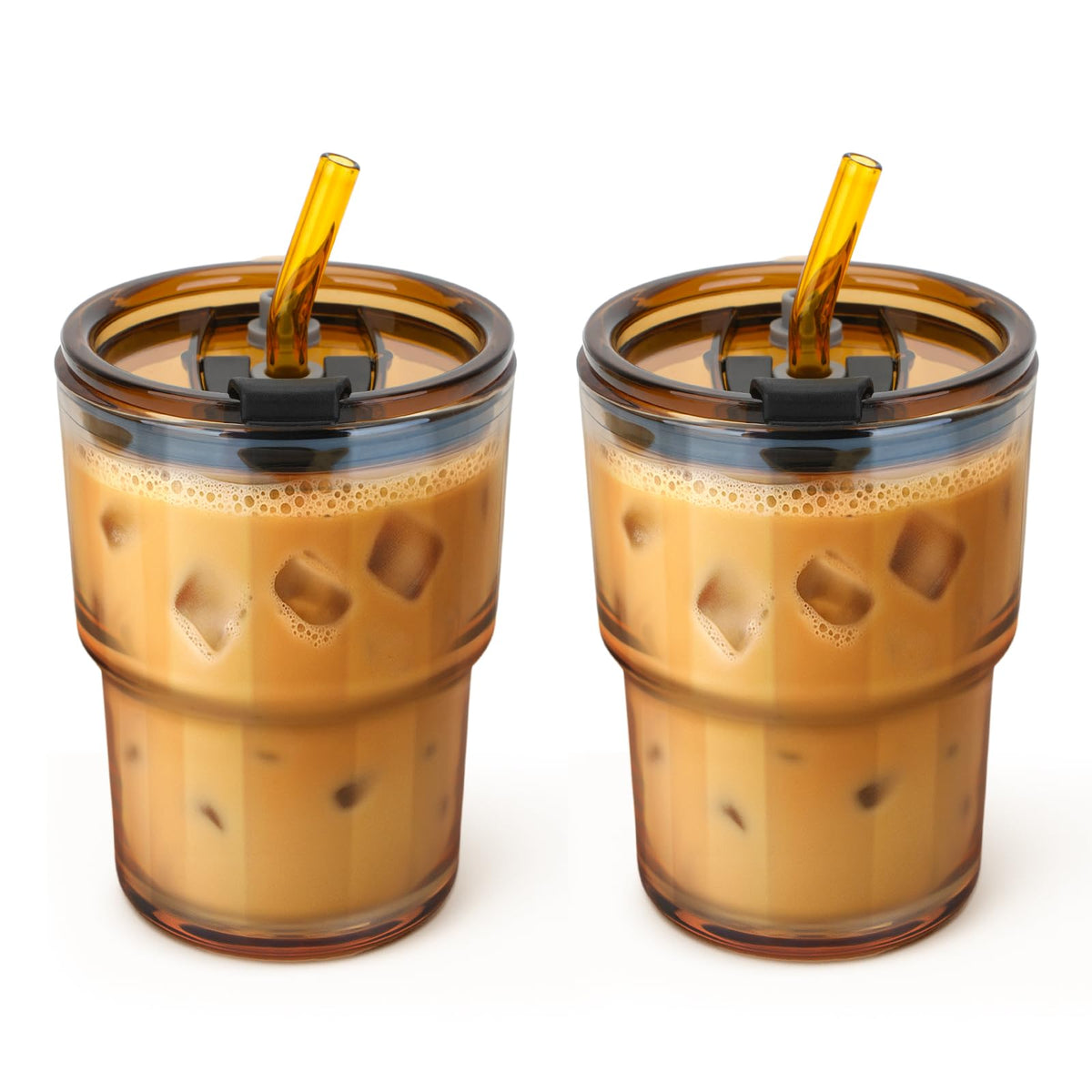 Cafezi 13oz glass tumbler amber 2-pack with lid and straw for mess-free sipping.