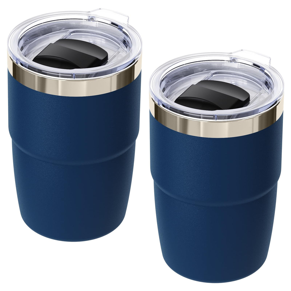 Cafezi espresso cup with magnetic lid navy, front view, ideal for quick on-the-go espresso.
