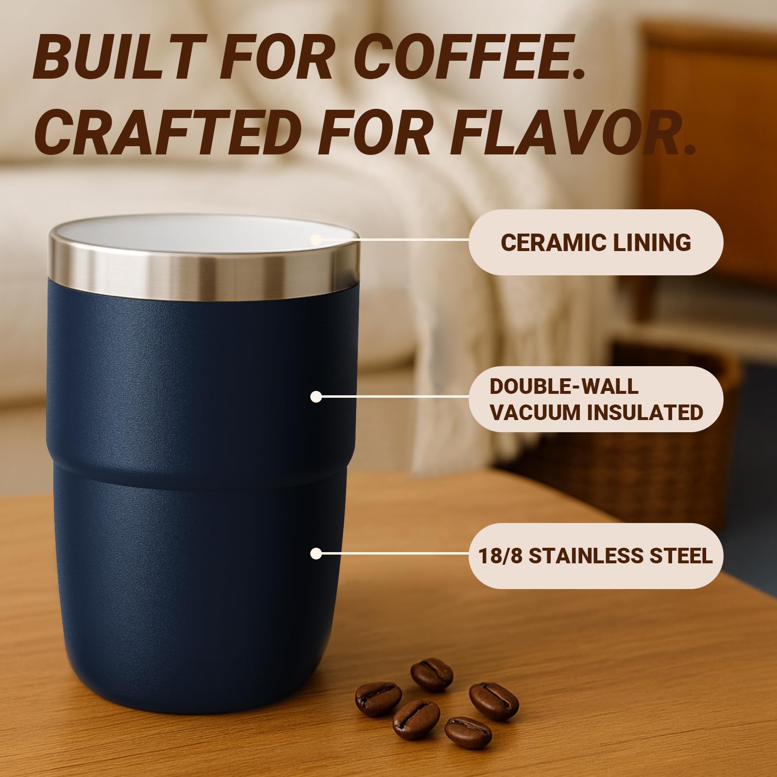 Cafezi navy cup side view shows double-wall insulation for heat retention.
