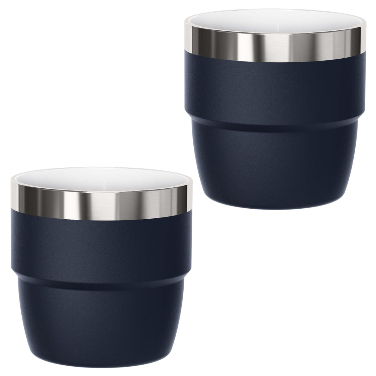 Cafezi navy espresso cup two-pack showing space-saving design for home bars