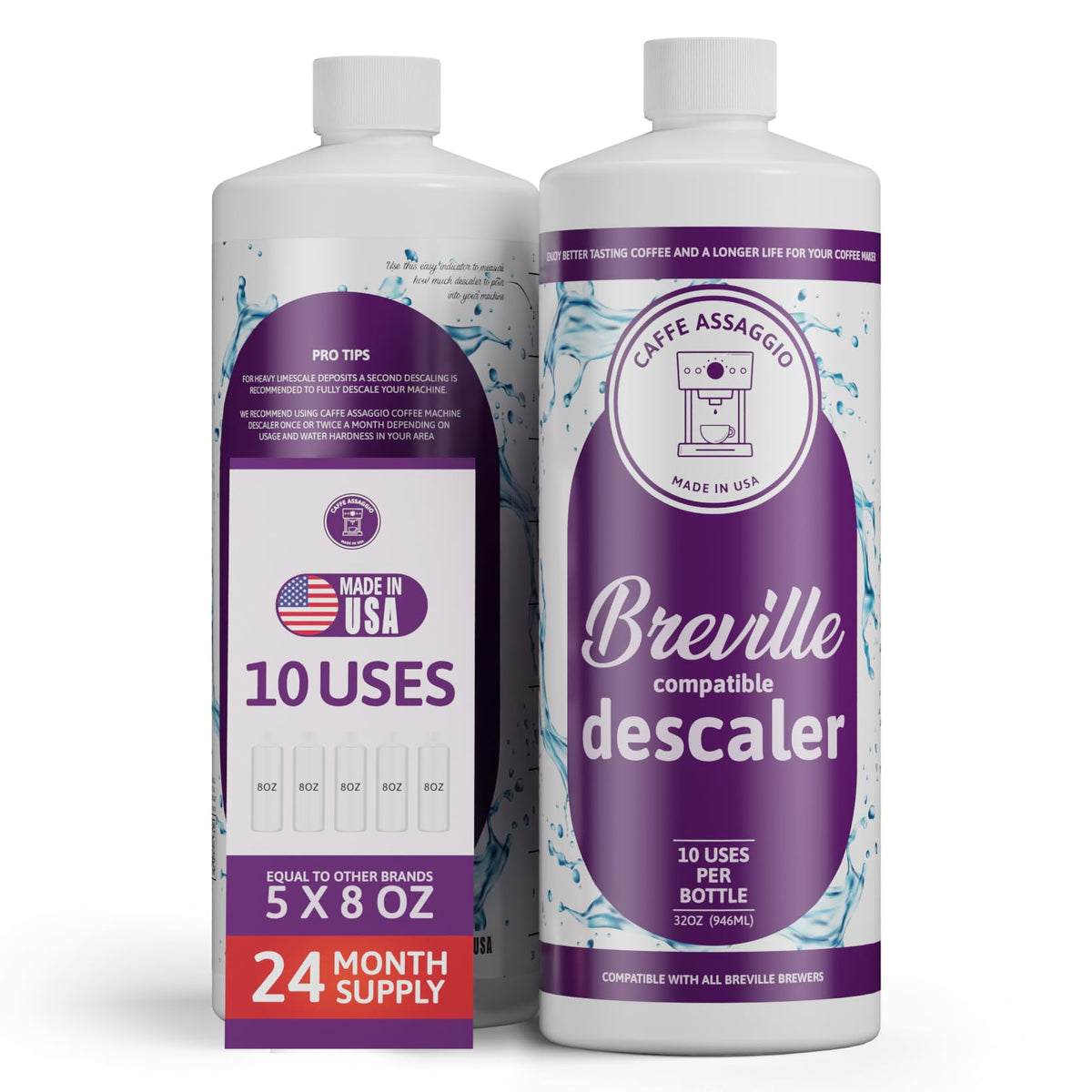Caffe Assaggio Breville Descaler bottle front ready for use, highlighting accessibility for Breville machines.
