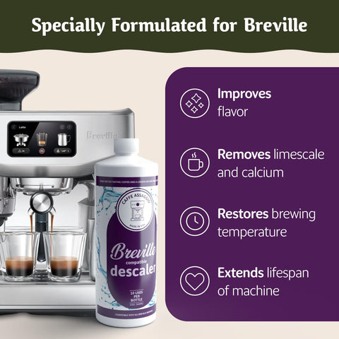 Caffe Assaggio Breville Descaler dissolving powder, illustrating mineral removal action for better cleaning.
