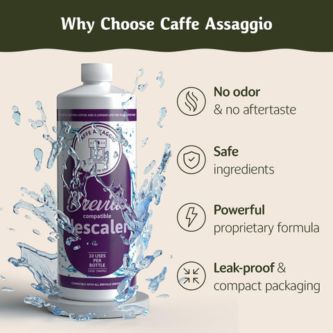Caffe Assaggio Breville Descaler packaging highlights a locally produced, carbon-friendly product.