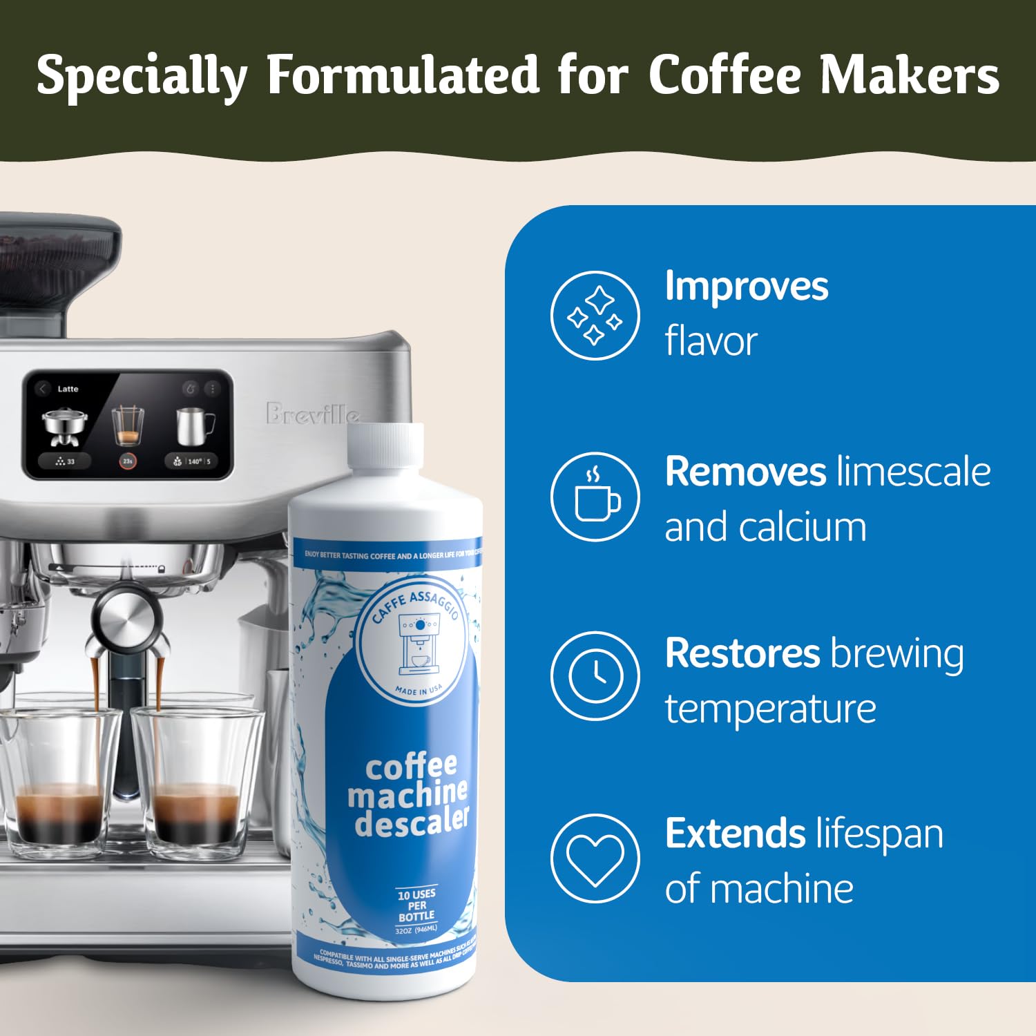 Caffe Assaggio descaling solution being poured into a coffee machine to remove mineral buildup.
