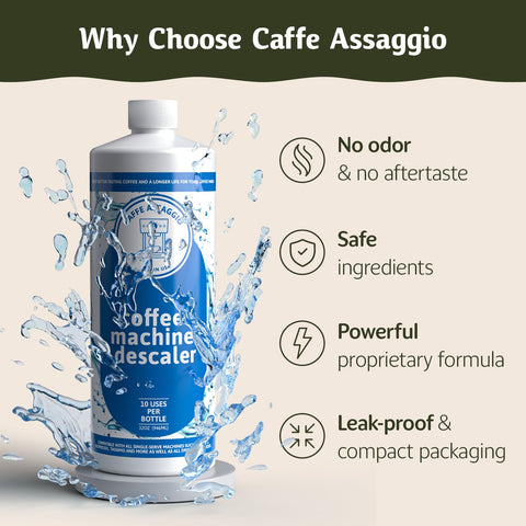 Caffe Assaggio descaling kit components laid out for quick setup and use.