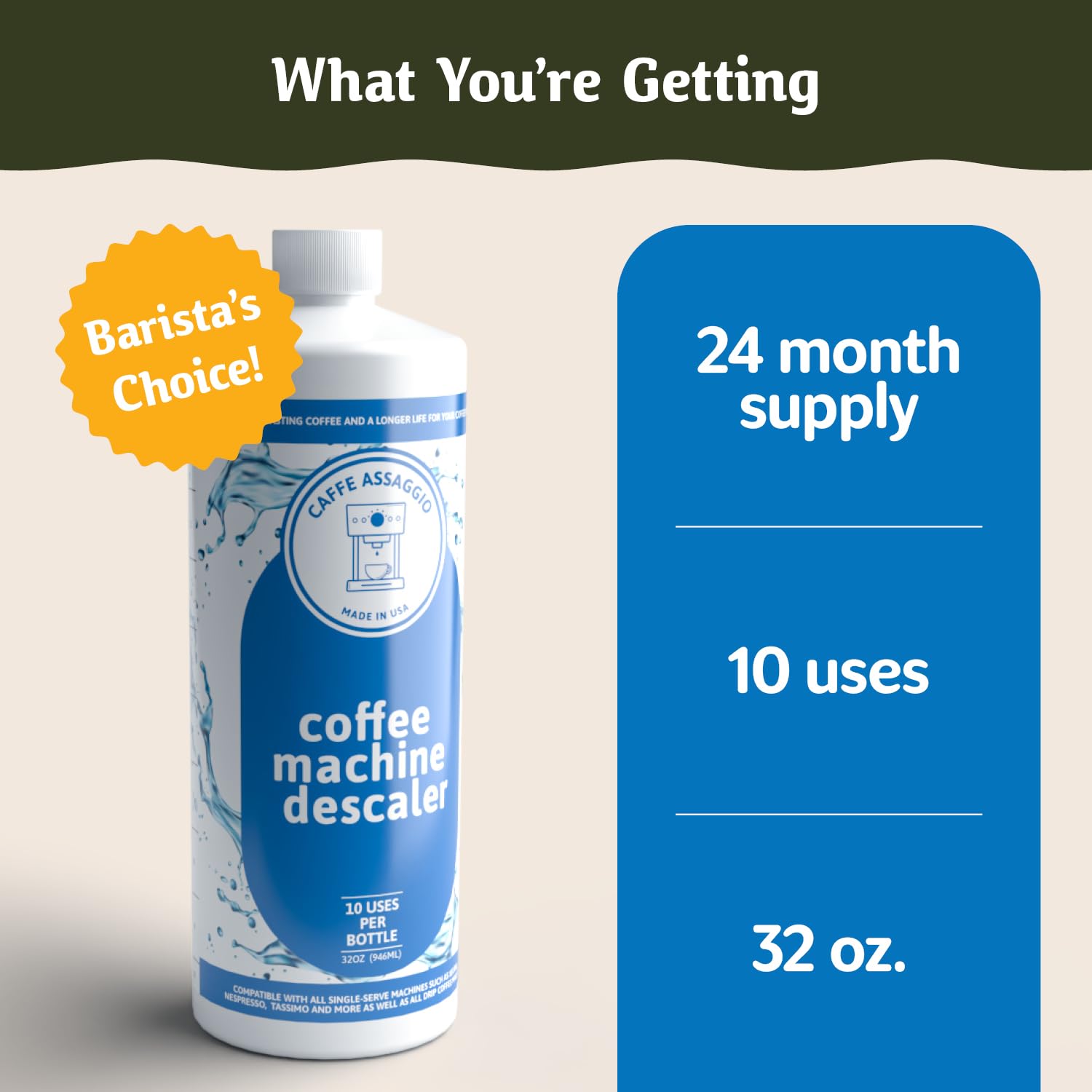 Caffe Assaggio descaling kit packaging box highlights 10 uses for Keurig and Nespresso.