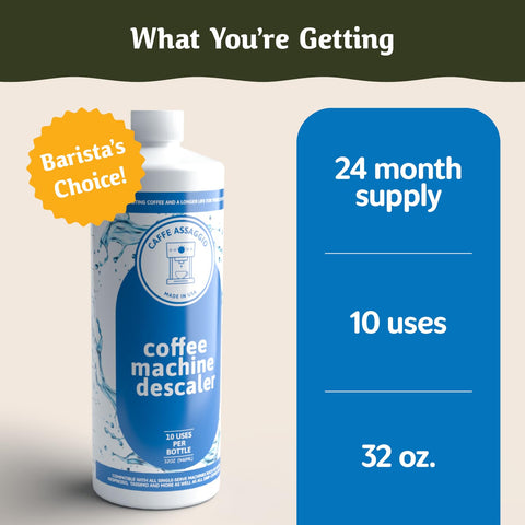 Caffe Assaggio descaling kit packaging box highlights 10 uses for Keurig and Nespresso.