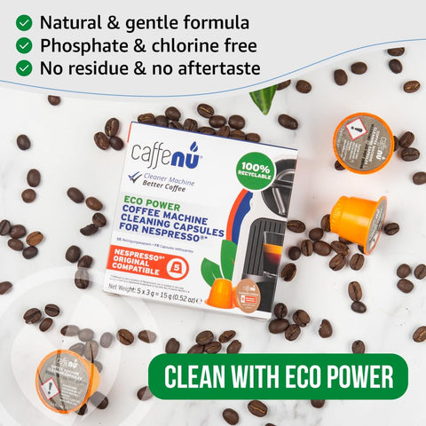 Caffenu cleaning pod dissolving action cleans brewing chamber and nozzle.