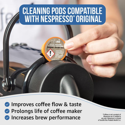 Caffenu cleaning pod in a Nespresso Originaline machine slot for maintenance.